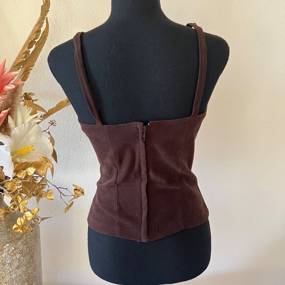 SOLDSuede Square Neck Fitted Brown Top With Zip Closure Small - Picture 2 of 7